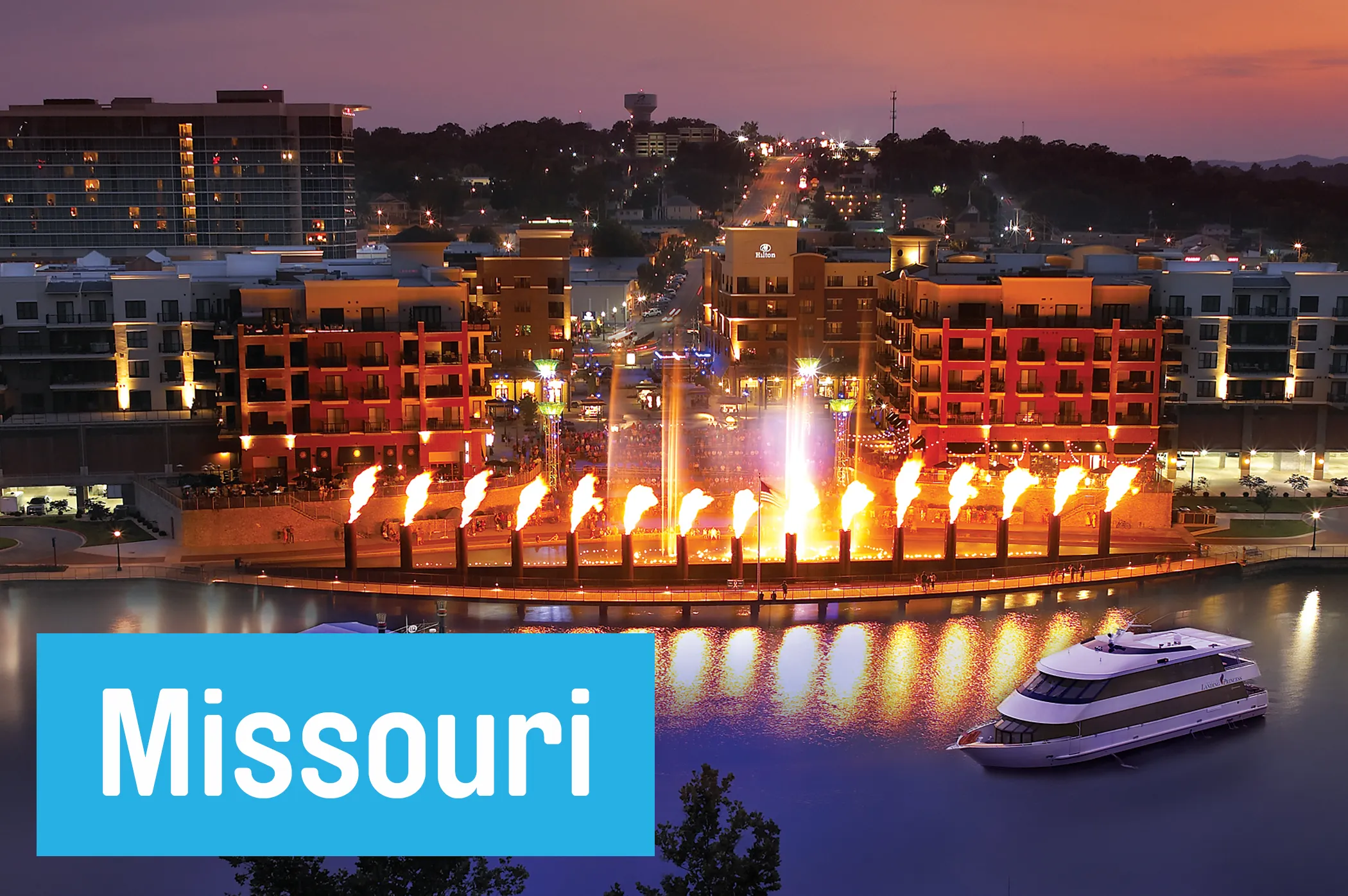 Take in an $8 million, Vegas-esque extravaganza at the <a href="http://www.branson.com/learn/downtown-branson/branson-landing/branson-landing-fountain-show/" target="_blank">Branson Landing Light Show</a>, an hourly water geyser, fire, and light display that goes off to the tune of "The Star Spangled Banner"--and occasionally "Living on a Prayer" and other more uptempo pieces.