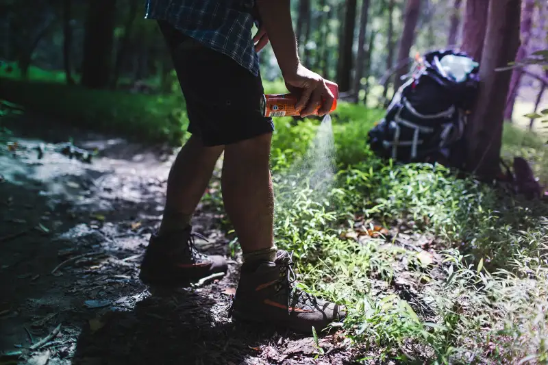 Hiker spraying bug spray with DEET