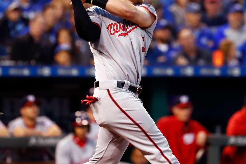 Bryce Harper #34 of the Washington Nationals in action during the game against the Kansas City Royals on May 02, 2016 in Kansas City, Missouri.