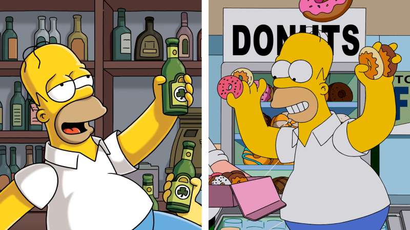 Homer Simpson with beer and donuts