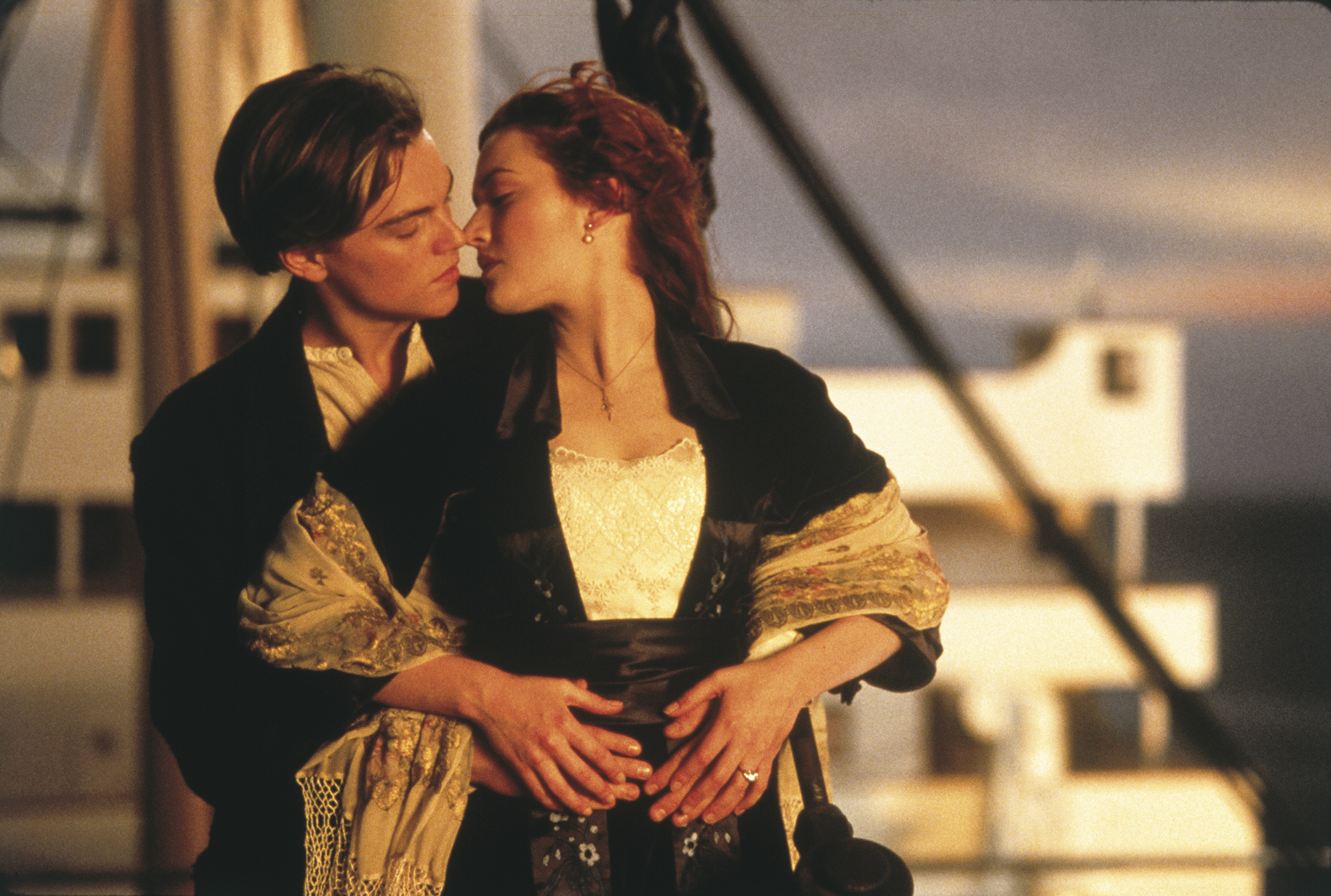 Left to right: Leonardo DiCaprio plays Jack Dawson and Kate Winslet plays Rose DeWitt in TITANIC, from Paramount Pictures and Twentieth Century Fox.