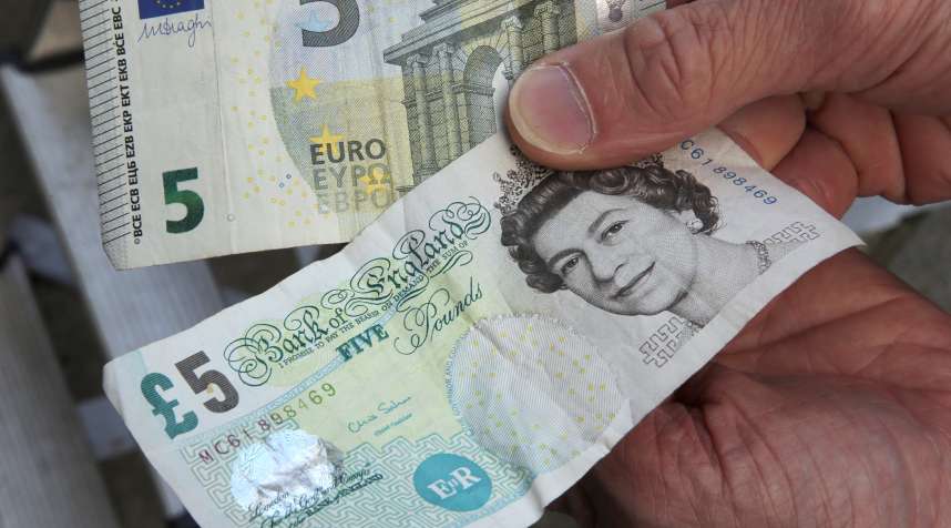 A 5-pound (bottom) and a 5-euro bill are held up in London, Britain, June 24, 2016. In a referendum on June 23, Britons have voted by a narrow margin to leave the European Union (EU).