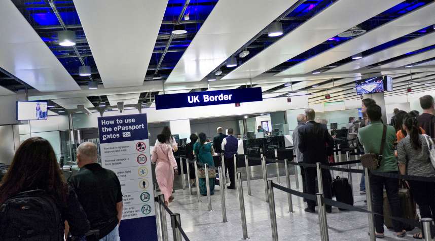 UK biometric passport Border Control queue for arriving passengers at London Heathrow airport Terminal 3, September 11, 2012.