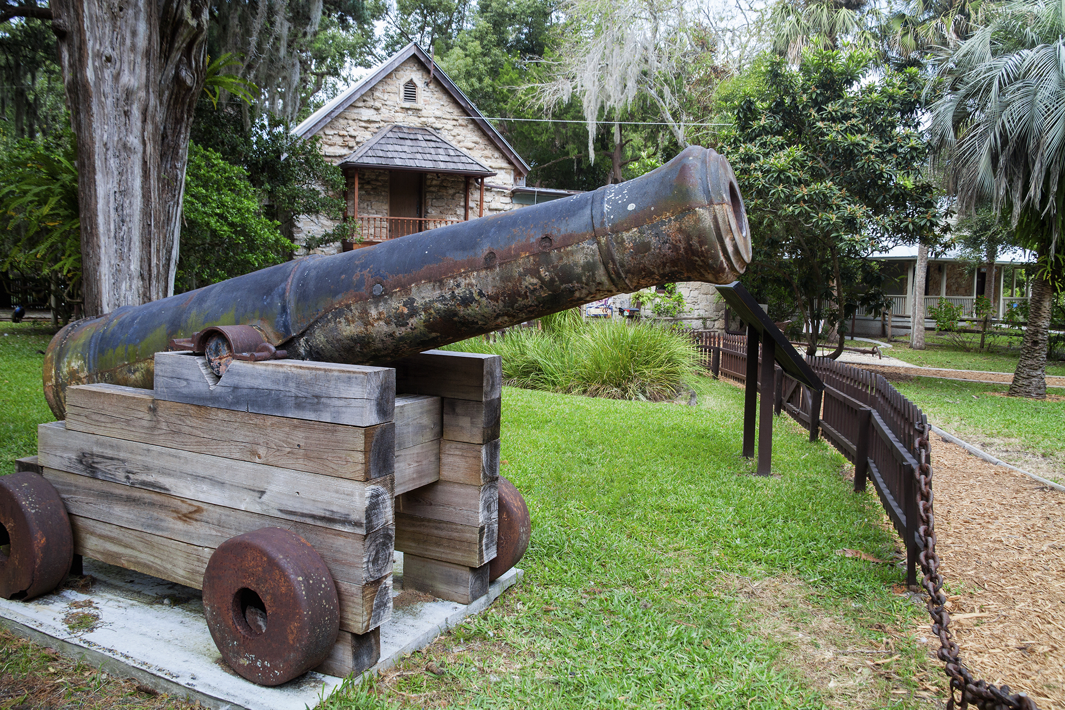 A replica of a cannon from the USS Constitution (Old Ironsides) at the Fountain of Youth. Ponce de Leon's Fountain of Youth Archaeological Park, St. Augustine Florida is in the area first explored by Juan Ponce de Leon in 1513 and later settled by Pedro Menendez de Aviles in 1565. At the Park, you can drink from the fountain which Ponce de Leon thought was the fountain of youth. St. Augustine is the oldest European settlement in the United States.