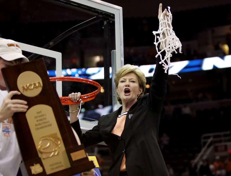 Head coach Pat Summitt of the Tennessee Lady Volunteers celebrates after cutting down the net after Tennessee's 59-46 win against the Rutgers Scarlet Knights to win the 2007 NCAA Women's Basketball Championship Game at Quicken Loans Arena on April 3, 2007 in Cleveland, Ohio.