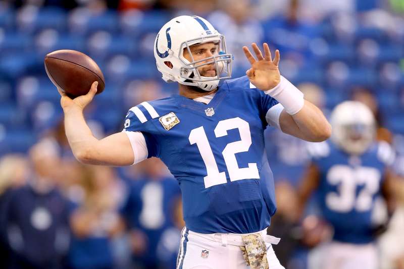 Andrew Luck #12 of the Indianapolis Colts throws a pass before the game against the Denver Broncos at Lucas Oil Stadium on November 8, 2015 in Indianapolis, Indiana.