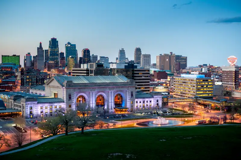 Union Station and downtown Kansas City MO at dusk.