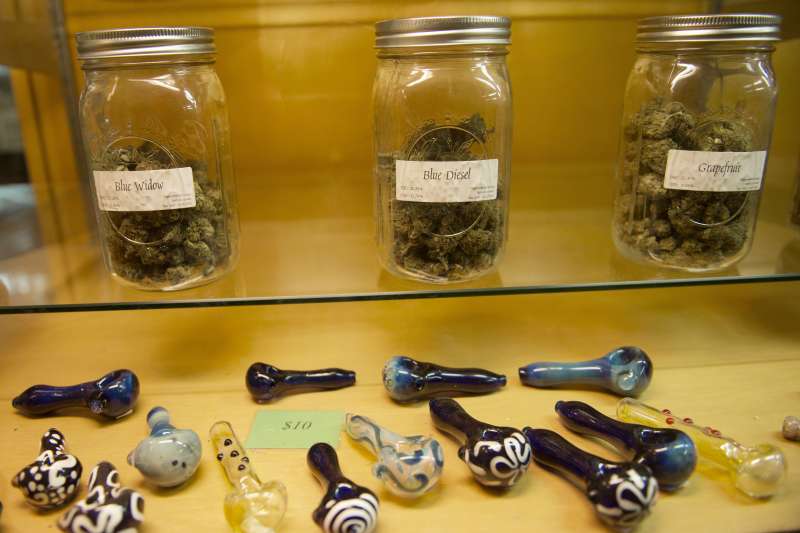 Different strains of marijuana for sale are displayed at a dispensary in Eugene, Oregon on March 22, 2016. Legal marijuana is becoming more and more entrenched in the United States each year, and 2016 looks to be no exception. While possession, sale and consumption of marijuana remains illegal at the federal level, it is permitted for recreational use in four US states: Alaska, Colorado, Oregon and Washington, plus the US capital Washington.