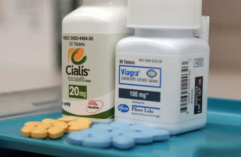 Viagra and Cialis tablets are pictured on a tray at a New Yo