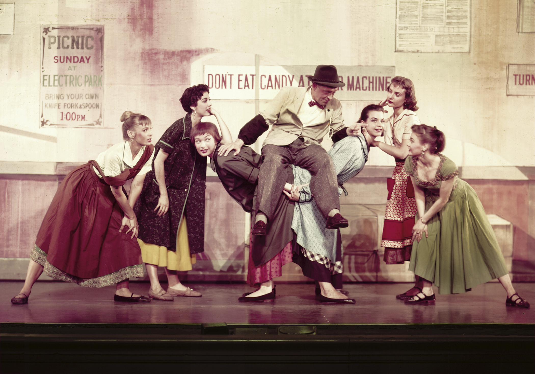 The Pajama Game (1954 - 1956 Broadway) Music & Lyrics by Richard Adler, Jerry Ross Book by George Abbott, Richard Bissell Directed by George Abbott, Jerome Robbins Shown at center: Eddie Foy, Jr.; third from left: Shirley MacLaine