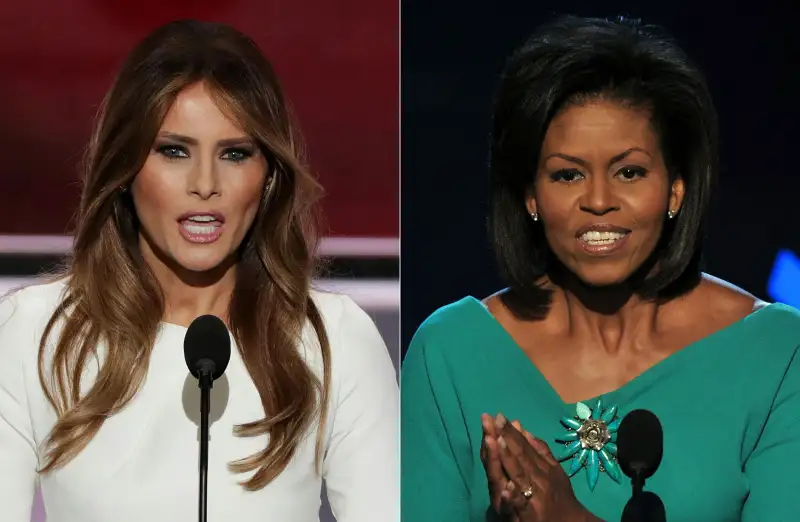 Melania Trump (L), wife of presumptive Republican presidential candidate Donald Trump, speaking yesterday at the Republican National Convention and Michelle Obama, wife of US Democratic presidential candidate Barack Obama, greeting the audience at the Democratic National Convention in 2008 .