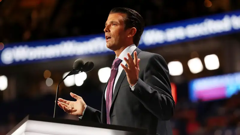 Donald Trump Jr. delivers a speech on the second day of the Republican National Convention on July 19, 2016 at the Quicken Loans Arena in Cleveland, Ohio. Republican presidential candidate Donald Trump received the number of votes needed to secure the party's nomination. An estimated 50,000 people are expected in Cleveland, including hundreds of protesters and members of the media. The four-day Republican National Convention kicked off on July 18.