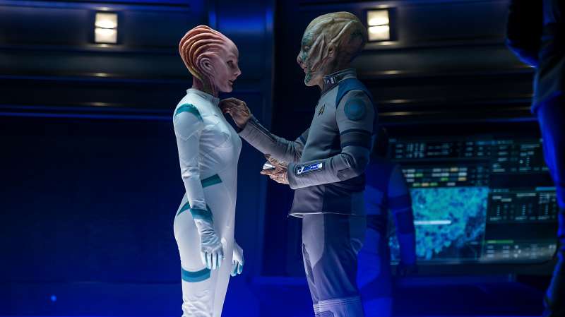 Left to right: Lydia Wilson plays Kalara and Jeff Bezos plays Starfleet Official in Star Trek Beyond from Paramount Pictures, Skydance, Bad Robot, Sneaky Shark and Perfect Storm Entertainment