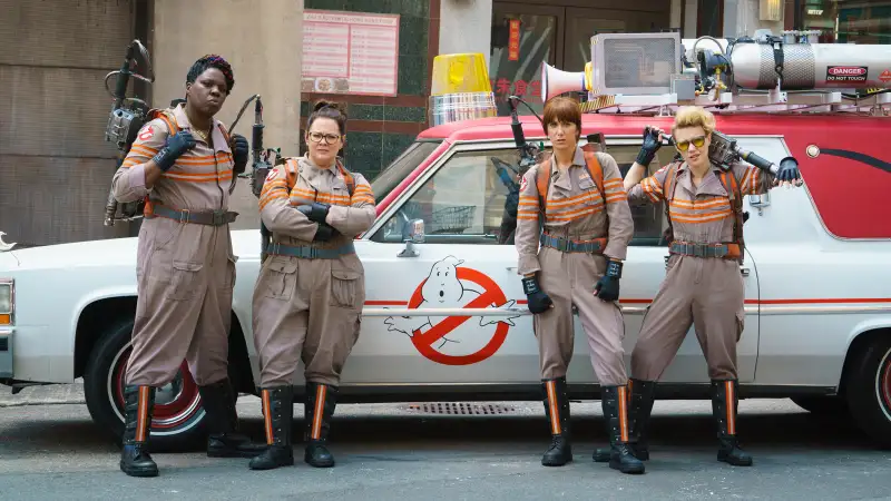 Ghostbuster's Patty Tolan (Leslie Jones), Abby Yates (Melissa McCarthy), Erin Gilbert (Kristen Wiig) and Jillian Holtzmann (Kate McKinnon) in Columbia Pictures' GHOSTBUSTERS.