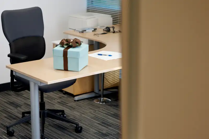 wrapped present sitting on desk