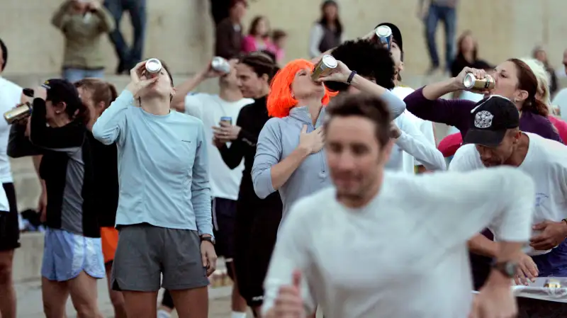 A group of athletes, headed by some of the areas top triathletes, celebrated the New Year by participating in an event called the Beer Mile, Dec. 28, 2006, Encinitas, CA. . Each participant must chug a beer before running each of the 4 laps in the mile race.