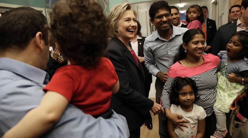 Hillary Clinton greets students and parents at a daycare center in Virginia.