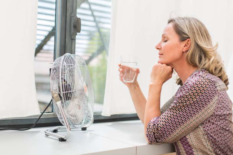 Woman using an electric fan.