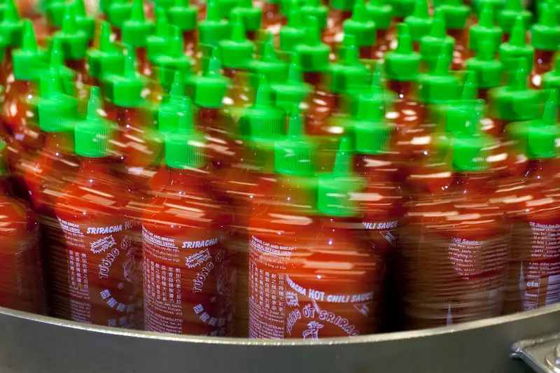 Bottles Sriracha Hot Chili Sauce move through a conveyor belt ready for packaging at Huy Fong Foods