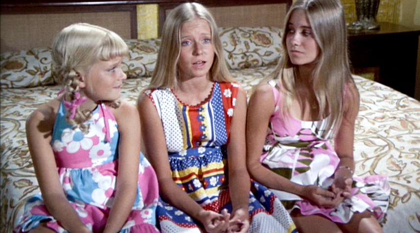 Susan Olsen as Cindy Brady, Eve Plumb as Jan Brady and Maureen McCormick as Marcia Brady in THE BRADY BUNCH episode,  The Tiki Caves,” October 6, 1972.