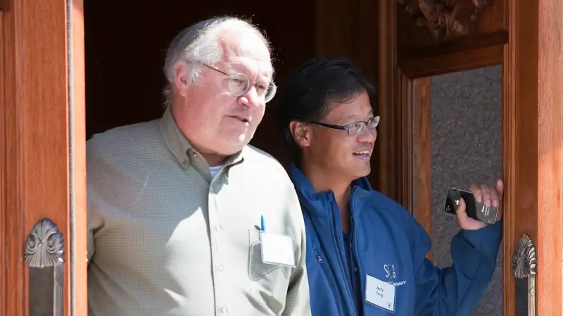 Bill Miller of Legg Mason Capital Management, left, and Jerry Yang, formerly of Yahoo, leave the morning session at the annual Allen & Co. Media summit in Sun Valley, Idaho, July 9, 2010.