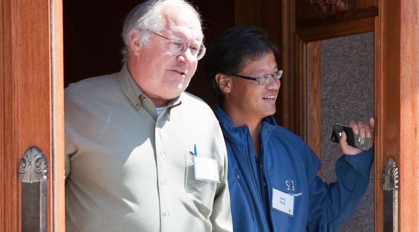 Bill Miller of Legg Mason Capital Management, left, and Jerry Yang, formerly of Yahoo, leave the morning session at the annual Allen &amp; Co. Media summit in Sun Valley, Idaho, July 9, 2010.