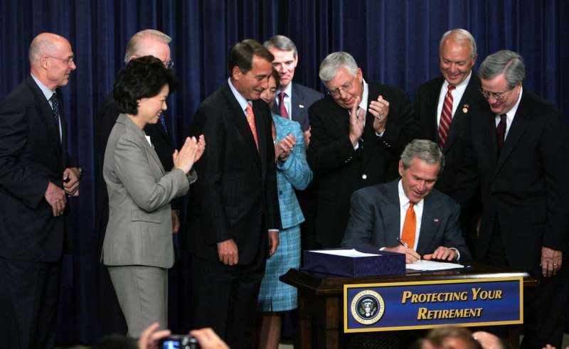 President Bush signs the Pension Protection Act of 2006 in the Eisenhower Executive Office building on August 17, 2006 in Washington.