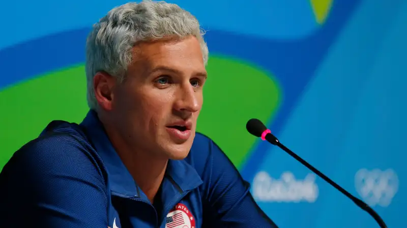 Ryan Lochte of the United States attends a press conference in the Main Press Center on Day 7 of the Rio Olympics on August 12, 2016 in Rio de Janeiro, Brazil.