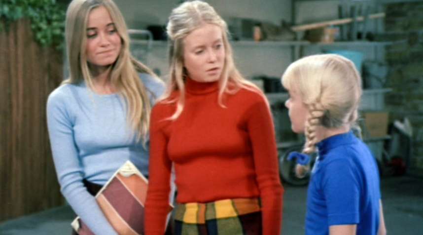Maureen McCormick as Marcia Brady, Eve Plumb as Jan Brady and Susan Olsen as Cindy Brady in the BRADY BUNCH episode,  The Subject Was Noses.   Original air date, February 9, 1973. Image is a screen grab.