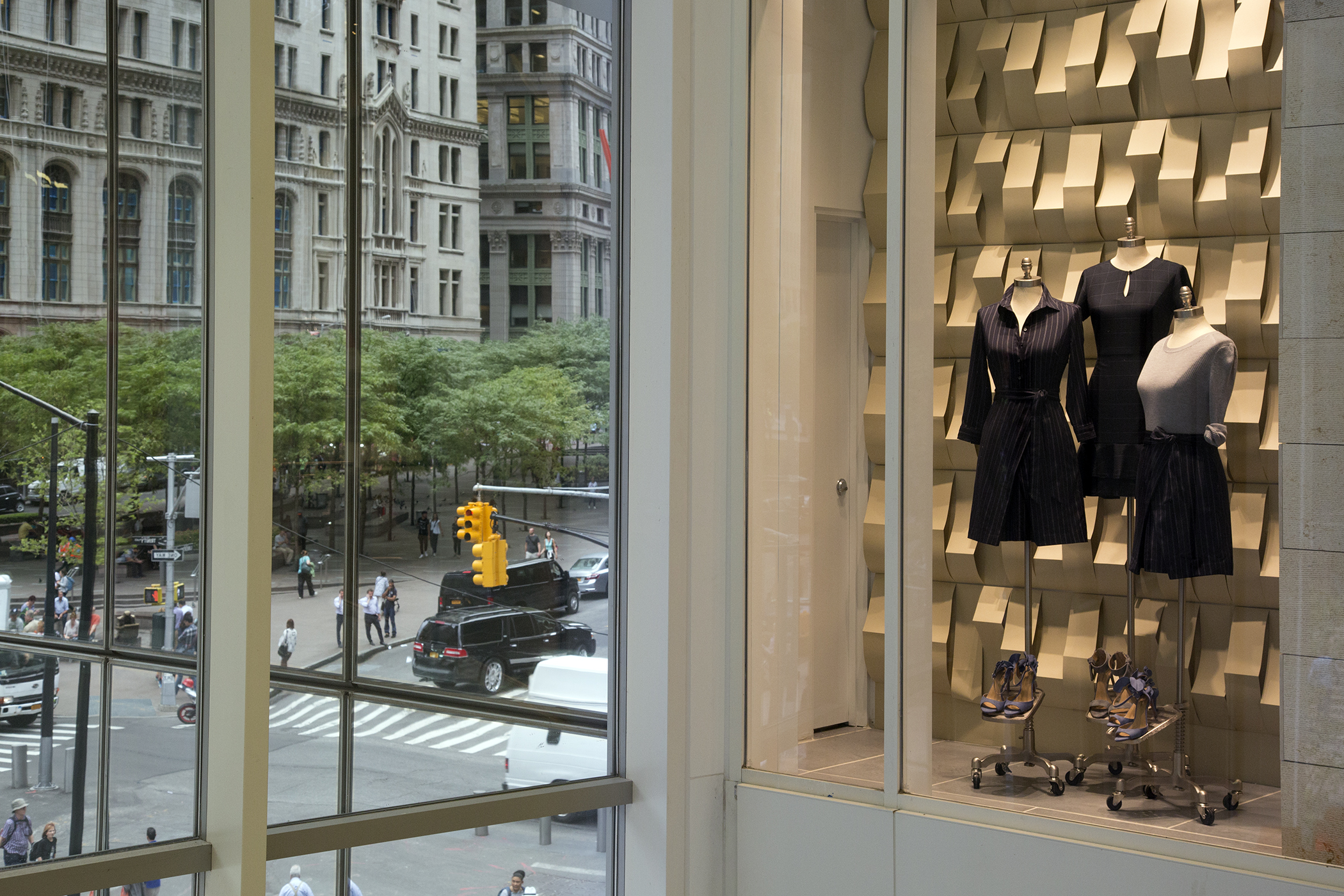 Banana Republic store windows overlooking Liberty Street, on the second floor of Westfield World Trade shopping mall, New York.