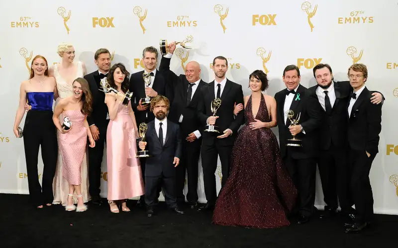 Actors Sophie Turner, Gwendoline Christie, Maisie Williams, Nikolaj Coster-Waldau, Carice van Houten, writer David Benioff, actor Peter Dinklage, Conleth Hill, writer D. B. Weiss, Lena Headey, director David Nutter and actors John Bradley-West and Alfie Allen, winners of Outstanding Drama Series for 'Game of Thrones' pose in the press room at the 67th annual Primetime Emmy Awards at Microsoft Theater on September 20, 2015 in Los Angeles, California.