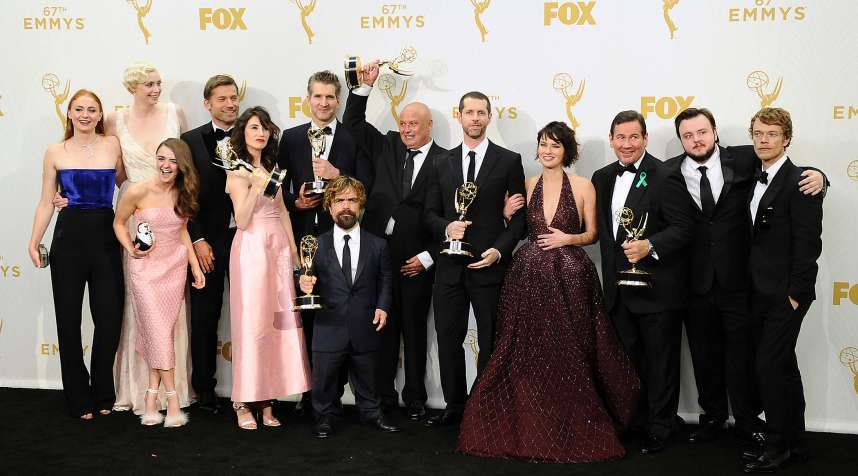 Actors Sophie Turner, Gwendoline Christie, Maisie Williams, Nikolaj Coster-Waldau, Carice van Houten, writer David Benioff, actor Peter Dinklage, Conleth Hill, writer D. B. Weiss, Lena Headey, director David Nutter and actors John Bradley-West and Alfie Allen, winners of Outstanding Drama Series for 'Game of Thrones' pose in the press room at the 67th annual Primetime Emmy Awards at Microsoft Theater on September 20, 2015 in Los Angeles, California.