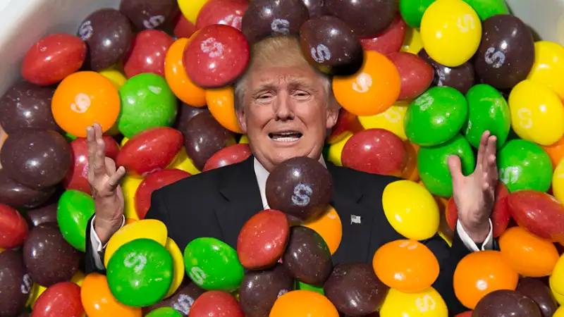 donald trump in bowl of Skittles