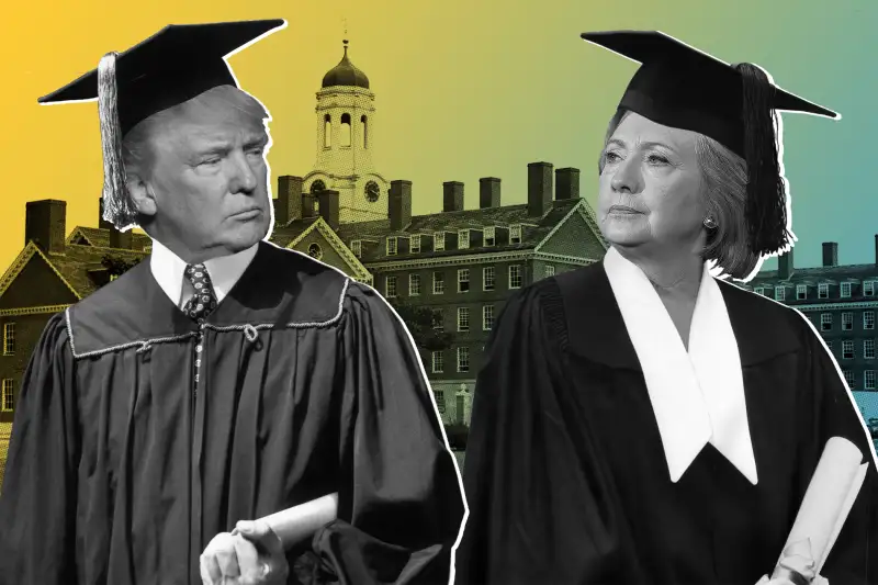 Photo illustration of Donald Trump and Hillary Clinton dressed as graduates in front of a school building