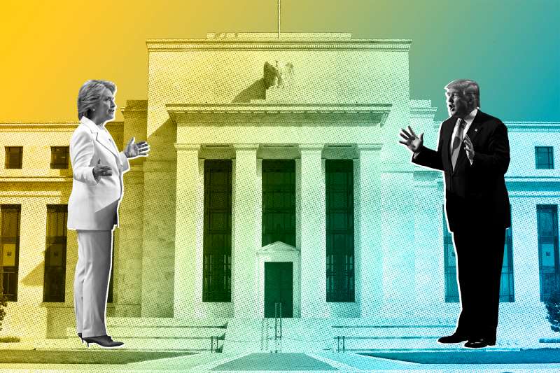 Photo illustration of Donald Trump and Hillary Clinton arguing in front of the Federal Reserve building