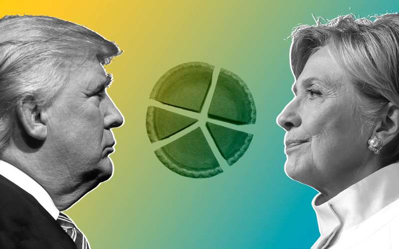 Photo illustration of Donald Trump and Hillary Clinton debate tax issues – illustration of them looking at pie cut in pieces