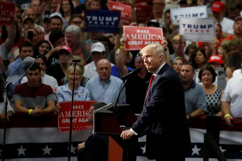 Republican presidential nominee Donald Trump speaks onstage during a campaign rally in Akron, Ohio, August 22, 2016.