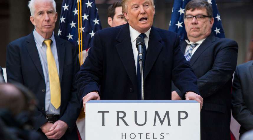 Republican presidential candidate Donald Trump speaks at a news conference at the construction site for the Trump International Hotel, at the Old Post Office Pavilion in downtown Washington, D.C., Monday, March 21, 2016.