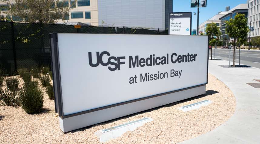 Sign for University of California San Francisco (UCSF) Medical Center at Mission Bay, in the Mission Bay neighborhood of San Francisco, California, June, 2016.