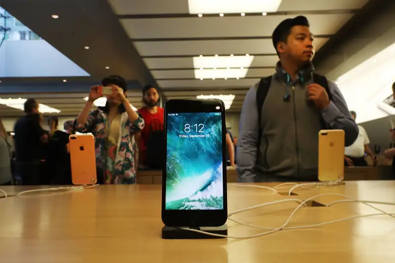 The new iPhone 7 is displayed on a table at an Apple store in Manhattan on September 16, 2016 in New York City.
