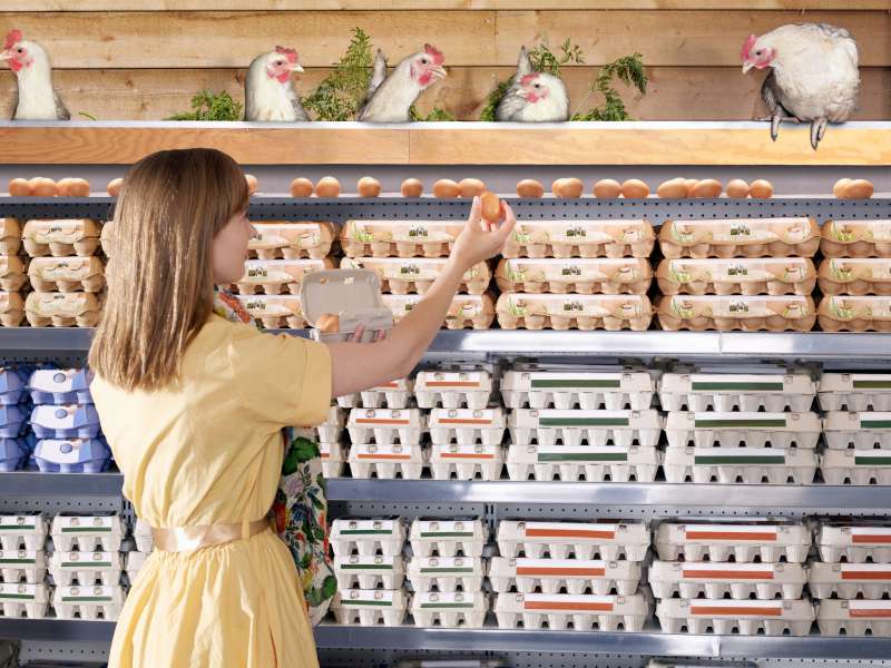 Girl picking fresh laid eggs in supermarket