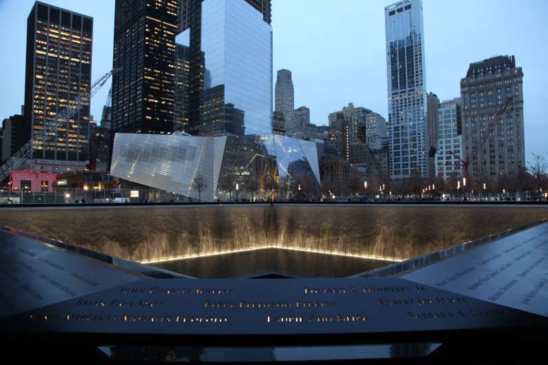 A view of the North reflecting pool on the 9/11 Memorial and Museum Plaza.
