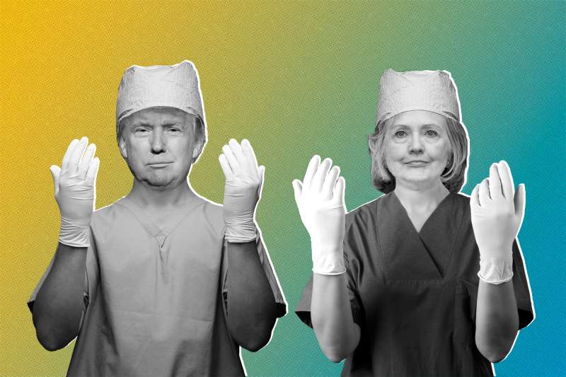 Photo illustration of Donald Trump and Hillary Clinton dressed as surgeons
