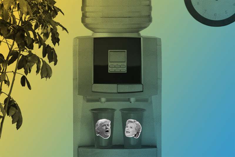 Photo illustration of Donald Trump and Hillary Clinton's heads on cups beneath a water cooler in an office
