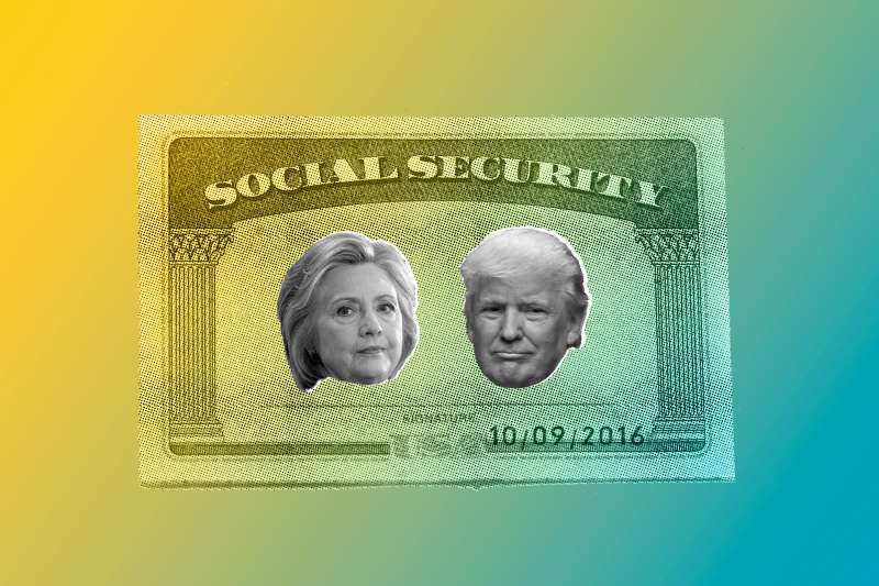 Photo illustration of Hillary Clinton and Donald Trump's heads on Social Security card