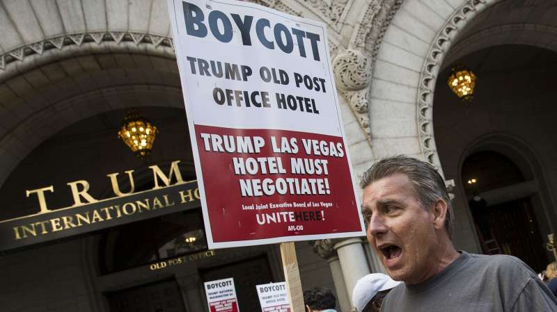 Members of the Communications Workers of America Union protest outside of Trump International Hotel in the Old Post Office Building in Washington, USA on October 13, 2016. They are calling for a boycott of the hotel during their fight for better contracts in Trump Las Vegas properties.