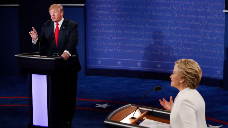 Republican presidential nominee Donald Trump debates with Democratic presidential nominee Hillary Clinton during the third presidential debate at UNLV in Las Vegas, Wednesday, Oct. 19, 2016.