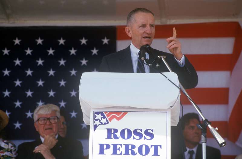 Millionaire businessman and Presidential candidate Ross Perot speaks at a petition drive in Orange County California. 1992