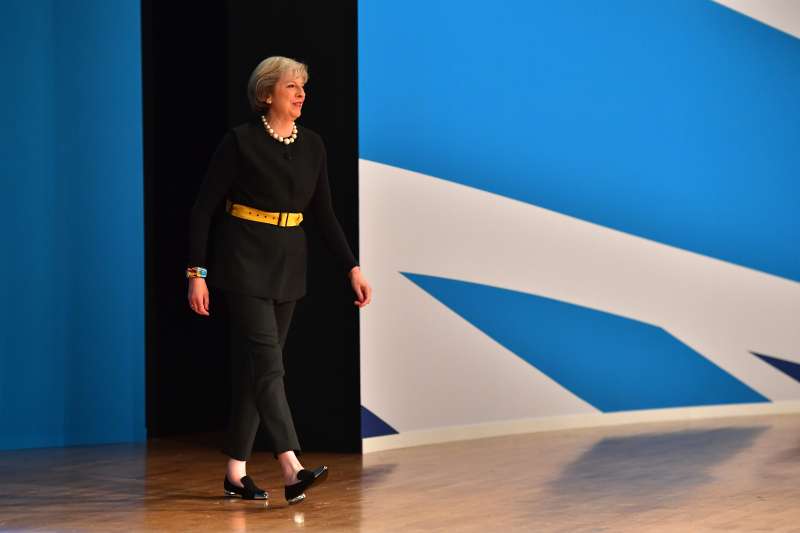 British Prime Minister Theresa May arrives to deliver a speech about Brexit on the first day of the Conservative Party Conference 2016  on October 2, 2016 in Birmingham, England.