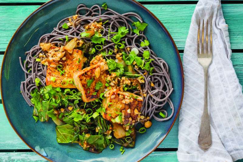 Pan-seared tofu and black rice noodles from Purple Carrot. Whole Foods is now selling the vegan meal kits to its customers.